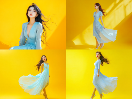 黄色背景，一个美丽的亚洲女孩，长的很像奥黛丽赫本，漂亮的脸蛋，长发，浅蓝色色v领长款丝绸礼服，身材修长，脚穿高跟皮鞋，全身镜头，全景，舞台灯光、8k，摄影风格，丝绸