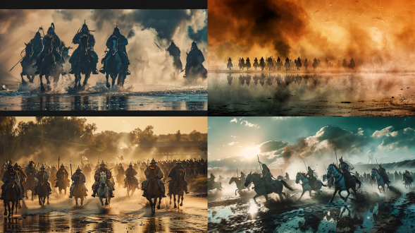 钓鱼城，蒙古骑兵，江边，三江交汇，战争对峙，广阔视角，冷色调，长焦镜头，逆光，动态模糊，紧张氛围，金属盔甲，马匹奔腾，水面反射，烟雾弥漫。