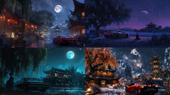 书法与国画背景，漫天星空下，跑车与钢琴并置，诗人柳树旁仰望月亮，古庙树林间古今对话，对称构图，高分辨率，夜景，长焦镜头，柔和前光，静态与动态结合，神秘与现代交织，冷暖色调对比，沉思与激情并存。