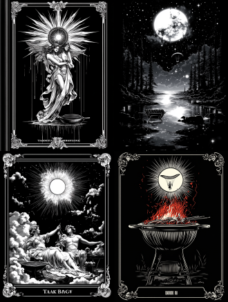 一张带有太阳和双人滑翔伞的塔罗牌，地上放着烧烤架，黑白矢量艺术风格，文字在框架底部，塔罗牌设计，边框对称，纯色背景上用白色墨水，高对比度，超现实主义插图，黑暗幻想，墨迹轮廓，简单，复古美学