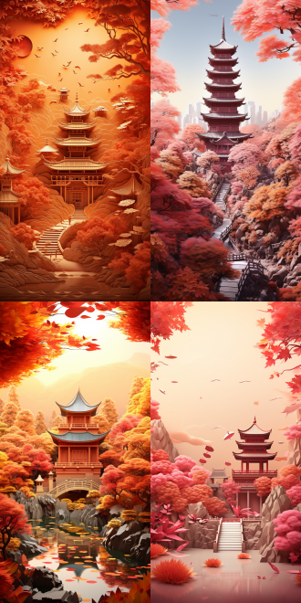 秋的风景，茂密树林，亭子，文昌塔，红色调，折纸艺术，纸质插画，2.5d，3d浮雕，8k，高清，自然光线，柔和阴影，细节丰富，层次感，宁静，温暖，广角镜头，侧光，高分辨率，立体感，秋叶，古建筑，艺术风格，温暖色调，宁静氛围。