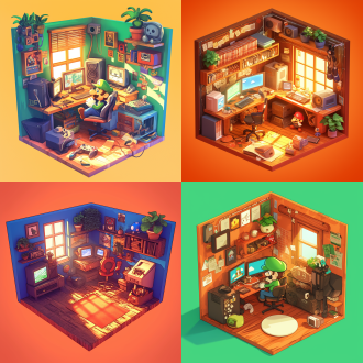 卡通三维小房间，复古风格，小霸王游戏机，电脑，3d建模，oc渲染，对称布局，暖色调，广角镜头，柔和光线，细节丰富，怀旧，创意。