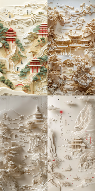 on the desk, there is an open scroll exquisitely carved with figures and streets from the northern and southern dynasties period, with a slight three-dimensional effect, creating long ripples. the canvas is like silk, very soft and translucent, . at one end of each canvas, there is a blank space filled with calligraphy. paper quilling art, miniature landscapeutilizing light and shadow，hd details，minute details，clear presentation，complex scenes，fine model，embossed，surrealdreamland，whimsically，hyper quality，high detail，hyperrealism，3d rendering，global illumination，low angle shot，texture light，rim lighting，close up，focal point composition，bioluminrscent，ancient chinese style，emissive material . it has a beige color scheme, lightbox, paper material, c4d,pearlescent texture， light background color,excellent image quality, ethereal illustrations,exquisite and a traditional chinese animation style