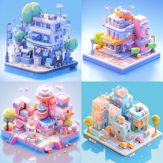 微缩景观，等距视图，横向构图，对称构图，科幻街道场景，3d场景，可爱卡通风格，像素，立方体，细致的，由pop mart设计，黏土材质，蓝色配色方案，明亮简洁配色方案，冷光