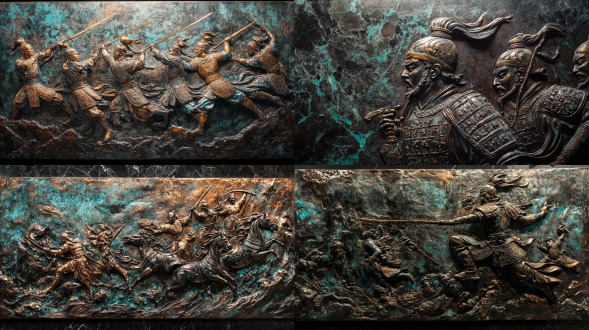 imagine prompt: bronze relief wall art, ancient chinese warrior battle scene with raised metal texture, oxidized patina surface with turquoise rust spots, dramatic spotlight from upper left, black marble background, museum exhibition style, cinematic composition