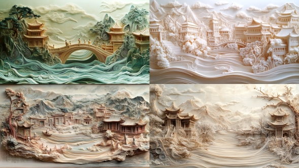 on the desk, there is an open scroll exquisitely carved with figures and streets from the northern and southern dynasties period, with a slight three-dimensional effect, creating long ripples. the canvas is like silk, very soft and translucent, . at one end of each canvas, there is a blank space filled with calligraphy. paper quilling art, miniature landscapeutilizing light and shadow，hd details，minute details，clear presentation，complex scenes，fine model，embossed，surrealdreamland，whimsically，hyper quality，high detail，hyperrealism，3d renderin