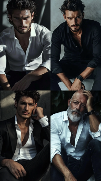 帅气男人半身照，忧郁表情，高清写真，深邃眼神，简约背景，自然光，中焦镜头，细腻皮肤，冷色调，沉思，内敛。