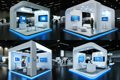 小型展台设计，9立方米空间，开放式展台，简洁干净，国际全球化，明亮灯光展馆，极简主义，白色木式结构，白色调，紧凑布局，白色沙发小桌子，自然光，广角镜头，现代设计，明亮，简洁，国际化，白木质，开放式