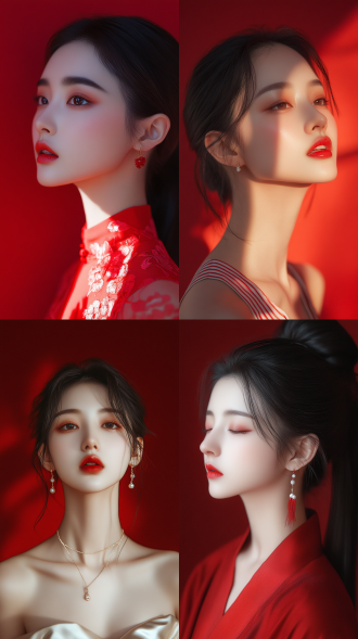 中国女性模特，新中式风格，时尚模特，红色背景，干净细腻肌肤，柔光阴影，丰富细节，精致五官，5:7比例，无耳环，版本6.0，风格化200，优雅站立，柔和表情，细腻光影，高分辨率，时尚摄影，精致妆容，红色调，优雅姿态。