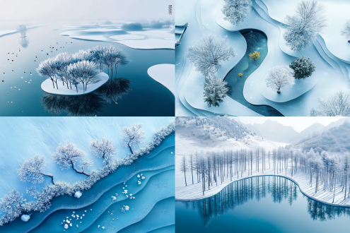 立冬场景海报，清晰唯美，雪地树木，创意概念设计，冷色调，标准镜头，平光，宁静，简洁。