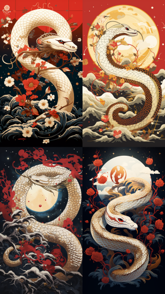 白色可爱蛇与月亮共舞，线条流畅图案精致，金红漩涡作背景，体现日本古代神话，聚焦蛇脸，竖构图，梦幻风格，暖色调，柔光，灵动。