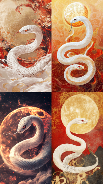 白色可爱蛇与月亮共舞，线条流畅图案精致，金红漩涡作背景，体现日本古代神话，聚焦蛇脸，竖构图，暖色调，长焦镜头，柔光照，灵动，神秘。