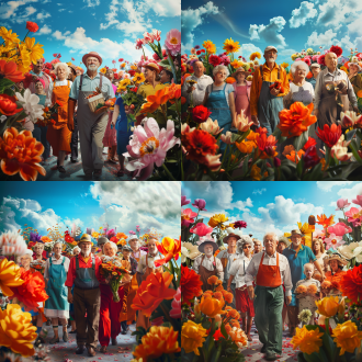 不同职业的人群向前走来，服务员、志愿者、导游、游客、运动员、老人、儿童，身后是各种颜色的花绽放，超广角镜头，全景深，自然光，鲜艳色彩，动态姿态，和谐氛围。