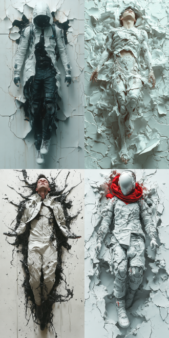 创建一个详细而复杂的 3d 渲染描绘一个赛博朋克男性,穿着赛博朋克服装,从破裂的帆布中摆脱出水平姿势。 男人的身体和脚应该超越画布的边界,唤起一种紧张感和运动感,好像正在逃离画布的边界一样。