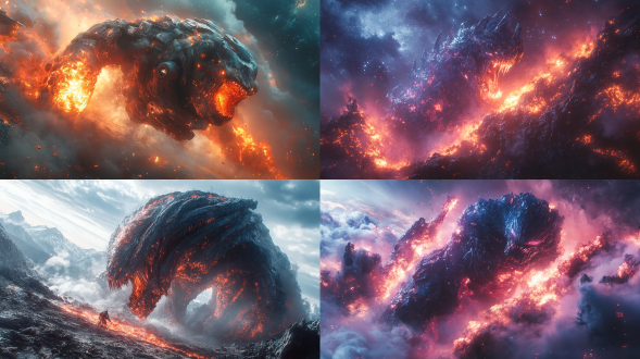 类似异形怪兽与机甲打斗，三分构图，科幻风，宇宙环境，长焦镜头，冷色调，逆光，动态模糊，金属元素，凶猛，激烈。