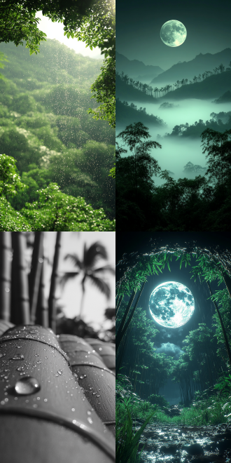 竹林中雨滴飘落，上空悬着月亮，三分构图，朦胧感，自然环境，长焦镜头，顶光，慢快门，静谧，冷色调，诗意。