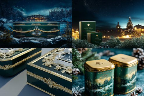 两盒营养补充剂，绿金配色设计精美，前有金带小礼盒，背景冬景，雪花圣诞树欧式建筑，深蓝夜空繁星，高视角，暖色调，华丽。