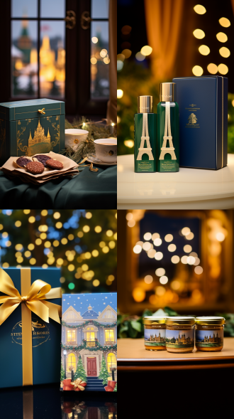 两盒绿金配色营养补充剂前有金带小礼盒，背景冬景有雪花圣诞树欧式建筑深蓝夜空繁星，高视角暖色调华丽风格。绿金配色，礼盒，冬景，高角度，暖光，精致。