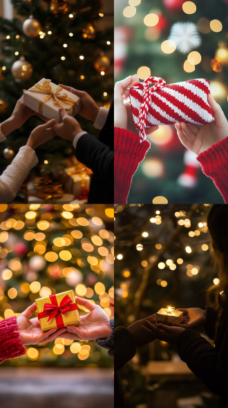 双手在无雪的圣诞氛围下分享礼物，中心构图，暖色调，室内，标准镜头，柔和光线，微笑，温馨，写实风格。