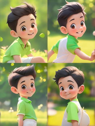 现代中国小男孩穿着浅绿色t恤白色短裤，全身图,夏装，笑脸，生动的人物设计，中国现代画风，可爱端庄的魅力，新潮风格，表情包，愤怒，眼泪，惊喜，8k，对角线布局，高对比度，在花园里，暖色调，中焦镜头，侧面照明，静态，可爱