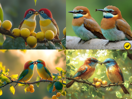 two blue-throated bee-tiger birds. the blue-throated bee-tiger feathers are brightly colored, chestnut red from the top to the back, blue throat, green-white abdomen, slender tail feathers and thin tips. they inhabit a branch with green leaves and yellow fruits. the blue-throated bee-tiger on the right holds an insect in its beak and is interacting with the bird on the left. it may be a feeding behavior. this picture shows the close relationship between them, with a soft background. green, creating a warm and natural atmosphere., close up, forest, photorealistic, direct sunlight,