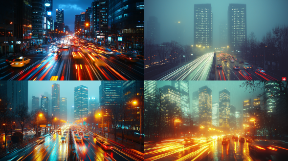 北京十字路口，黄昏时分，高大的摩天大楼灯火辉煌，汽车前灯和尾灯形成动态光迹，使用 f/14、iso 100、15 秒长时间曝光拍摄