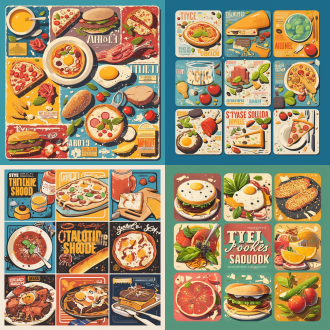 同类型食物置于中央的宣传海报，无人物，色彩缤纷鲜明有冲击力，活力动感激情，中心构图，高饱和度，平光，特写。 风格派 宣传海报