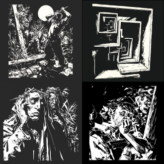 木刻图案，线条粗犷，黑白对比，内容风趣