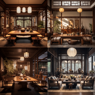 新中式风格室内，对称布局，木质家具，柔和灯光，中长焦镜头，淡雅色彩，宁静氛围，端庄。