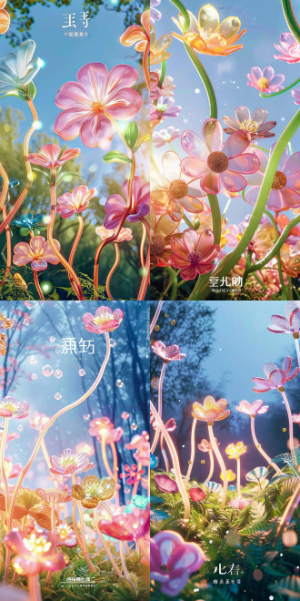 场景半透明充气， 场景中的充气枝丫， 边缘发光， 五彩缤纷的花朵， 蓝天明亮的色彩：：1.5 ， 郁郁葱葱的树木环绕的清晰背景， 灵感来自大自然， 柔和的光线从盛开的玻璃花束中照亮，镀金装饰， 特写镜头户外花朵阳光背景和舞台灯光