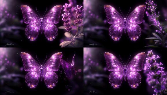 动感蝴蝶，中心构图，长焦镜头，柔和光线，翅膀细节，紫色，电影超强质感，干净黑色背景