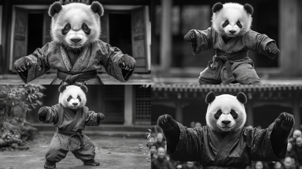 熊猫身穿传统的功夫服装，站在一座古老的武馆前。他的脸上带着坚定和自信的表情，准备展示他的武功。照片采用黑白色调，高对比度，长焦镜头捕捉到了熊猫细节，背景虚化，熊猫迅捷地跃起，展示出他的灵动和力量。黑白、对比、广角、武功、自信、力量、灵动。