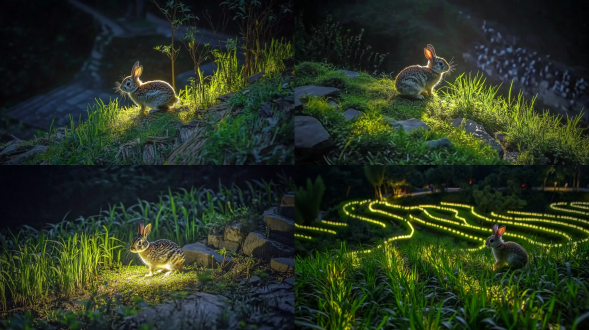 小兔子，三分构图，森林草原环境，微距镜头，逆光，暖黄色调，蹲姿，可爱模样，活泼氛围。