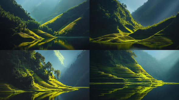 高清风景，三分法构图，山川湖泊，写实风格，森林环境，长焦镜头，逆光，色彩鲜艳，宁静氛围。