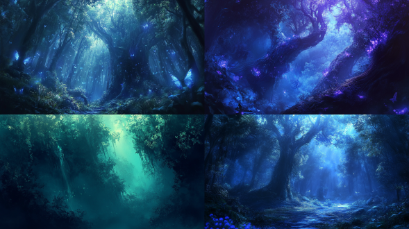 奇幻森林上空，冷色调，长焦镜头，逆光，动态模糊，神秘，威严。