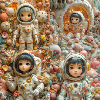 一个穿着太空服的小女孩被各种橡皮泥包围着，在动漫美学的风格中，vray，不透明的树脂面板，我不敢相信这有多么美丽，充满了隐藏的细节，渐变色，可爱