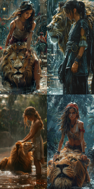 a beautiful poor girl in the rain, disheveled, without shoes, standing on a lion