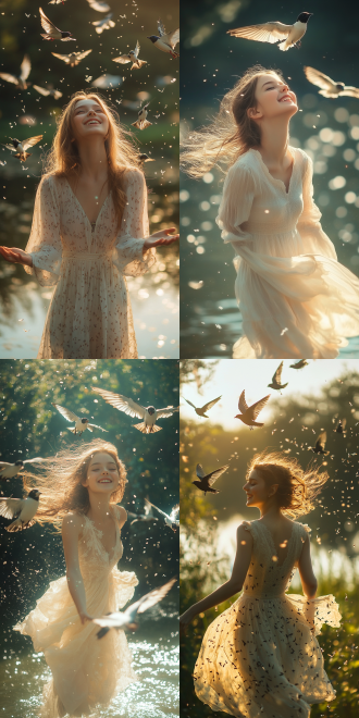 a girl flying with fairy swallows, wings, smile, glowing cheeks, spring morning above the lake. photograph, film, bokeh, professional, 4k