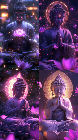 如来佛祖，超细节，壁纸级质量，高分辨率，光环笼罩，精致五官，微笑，袈裟，双手合十，极乐世界，莲花座，神光散发，发光效果，银色背景，紫色颗粒，发光灯，耀斑，8k cg，像素艺术，佛童，莲花盛开，特写，近景，高对比度，柔和光线，神圣氛围，细腻纹理，色彩丰富，平静表情，超现实风格。