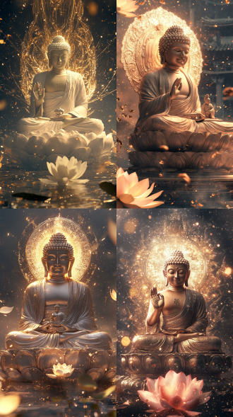 如来佛祖，超细节，壁纸级质量，高分辨率，光环笼罩，精致五官，微笑表情，袈裟披身，双手合十，莲花座上，极乐世界，神光散发，发光效果，银色背景，金色颗粒，耀斑特效，8k cg，像素艺术，佛童相伴，莲花盛开，特写镜头，近景拍摄，高光对比，细节丰富，色彩鲜明，神圣氛围。