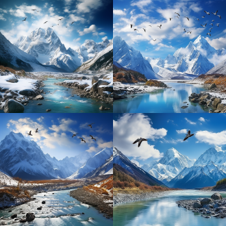 昆仑山脉，蓝天白云，雪山巍峨，雄鹰翱翔在河面上，远景构图，自然风光，广角镜头，逆光，柔和光线，宁静，壮丽，冷色调，自由。