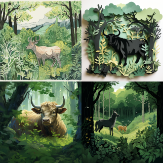 有起伏的山峦和茂密的灌木林，在浓密枝叶的掩映下，一头缓步穿行的牛，忽然被藏匿在枝叶后的一匹狼咬住后腿，毫无防备的牛前腿弯曲，低头做挣扎状，静谧繁茂的树林，狡诈凶猛的狼和拼命挣扎的牛，构成了一幅动静结合的生动画面