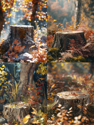 极端特写，一个扁平的腐烂树桩，明亮的自然光，周围是秋天的植物，c4d，空旷的产品展示场景