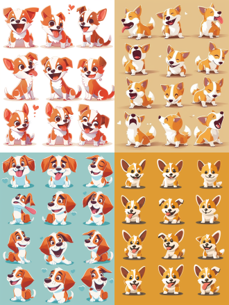 小狗表情包，九宫格，可爱风格，拟人化，多种姿势表情