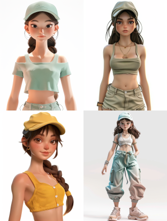 为我制作头像：白色背景，3d卡通风格女孩，全身，精致的脸部，带鸭舌帽，夏季潮流时尚服装，泡泡玛特配色，上半身，由pop mart制作，光滑细腻，黏土材料，辛烷值渲染，超细节，8k,