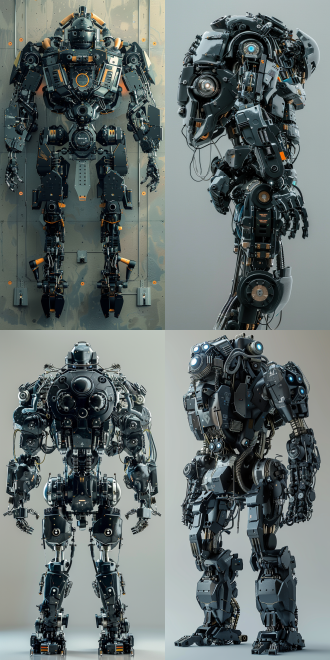 未来巨型机甲，零件整齐排列，解构布局，细节丰富，层次感强，众多部件，极其精细，逼真风格，9:16比例，风格化750，版本6.0，金属质感，冷色调，精密机械，科技感，黑色系，暗色调。动态静止，光影分明，未来主义，45度视角，广角镜头。