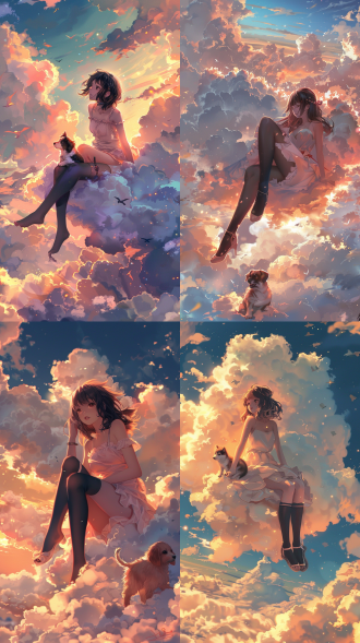 绘制一幅3d动漫风格的画作。画面展示一个少女坐在云彩上，旁边有一只小狗。使用暖色调，整体画面精致细腻。少女穿着黑色丝袜和吊带裙，呈现出可爱且美丽的形象，显得美丽动人。广角镜头。