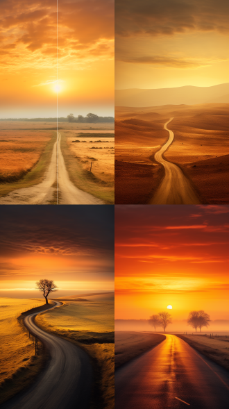 晨光中通向远方的路，三分法构图，风景秀丽，暖黄色调，全景镜头，逆光，宁静氛围，长曝光。