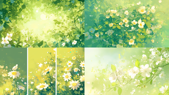 绿色背景春暖花开，三分法构图，清新色调，公园中，广角镜头，逆光，花朵绽放，生机感，积极向上。