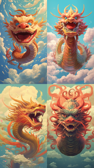 可爱中国龙飞龙在天，对称构图，插画风，天空环境，暖色调，鱼眼镜头，逆光，翱翔，灵动。